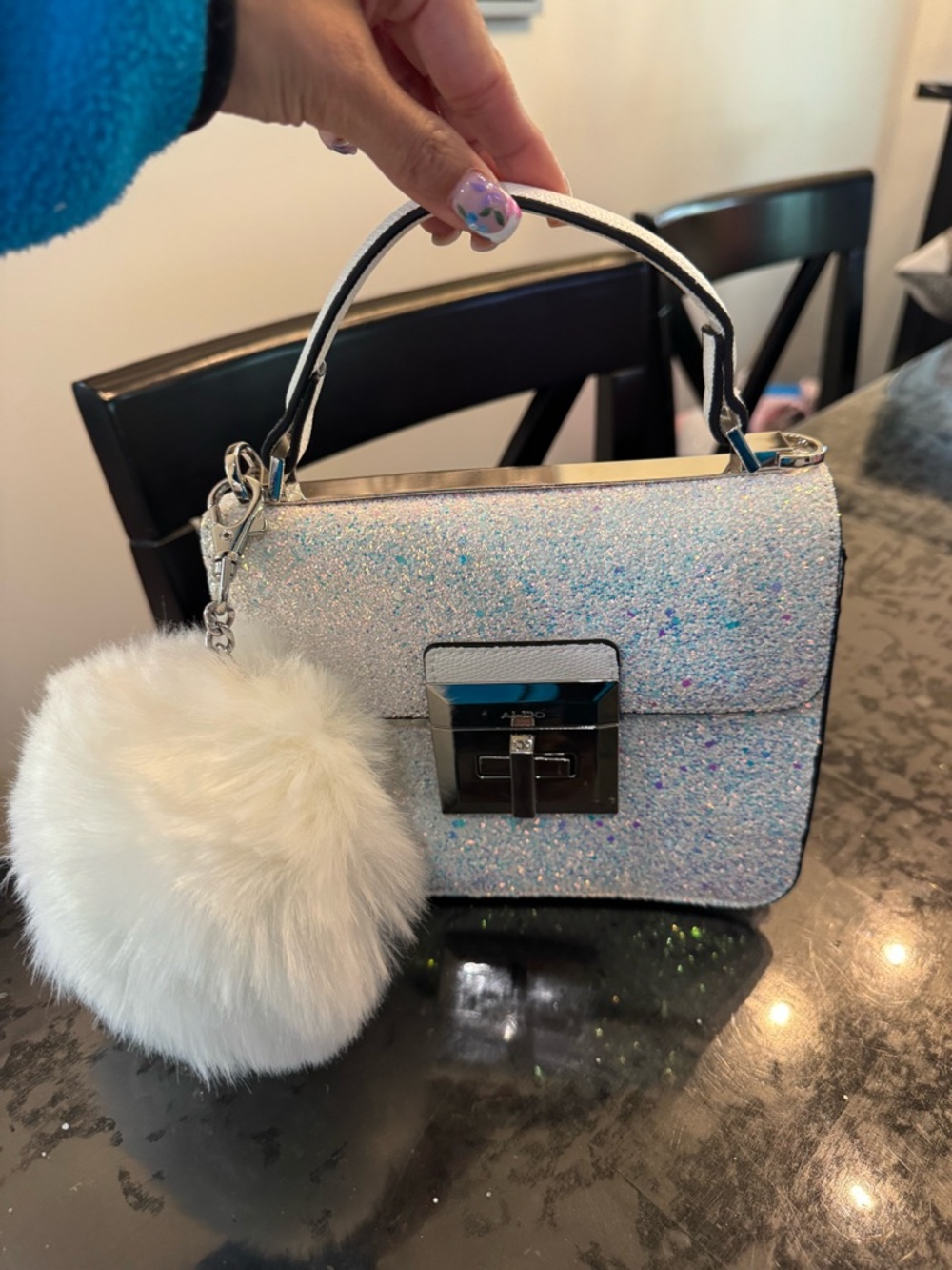 ALDO Glitter Pom-Accent Top Handle Bag - White Sparkle